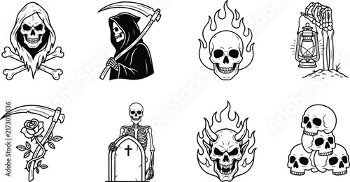 Bild auf Leinwand Gothic grim reaper line art icon set featuring skulls scythe skeleton tombstone
