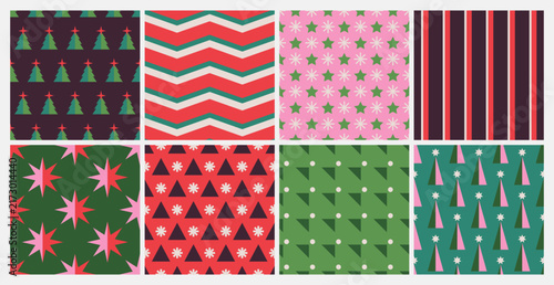Colorful geometric seamless patterns set of Merry Christmas and Happy New Year. Abstract modern backgrounds with simple shapes. Colorful design for textile, wrapping paper, fabric, print, wallpaper