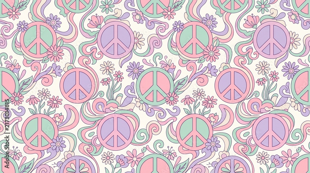 Naklejka premium Retro Hippie Aesthetic Pattern Featuring Colorful Peace Signs Surrounded by Floral Motifs and Groovy Swirls for Textile Art
