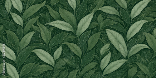 Bild auf Leinwand Seamless pattern of lush green tea leaves in botanical illustration style with b