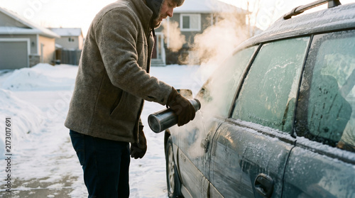Man Pours Hot Water from Thermos Onto Frozen Car Window