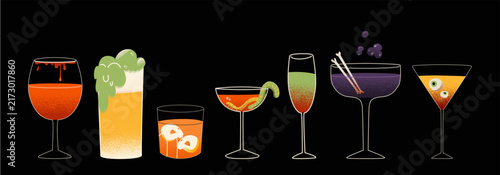 Various drinks and cocktails for Halloween.
