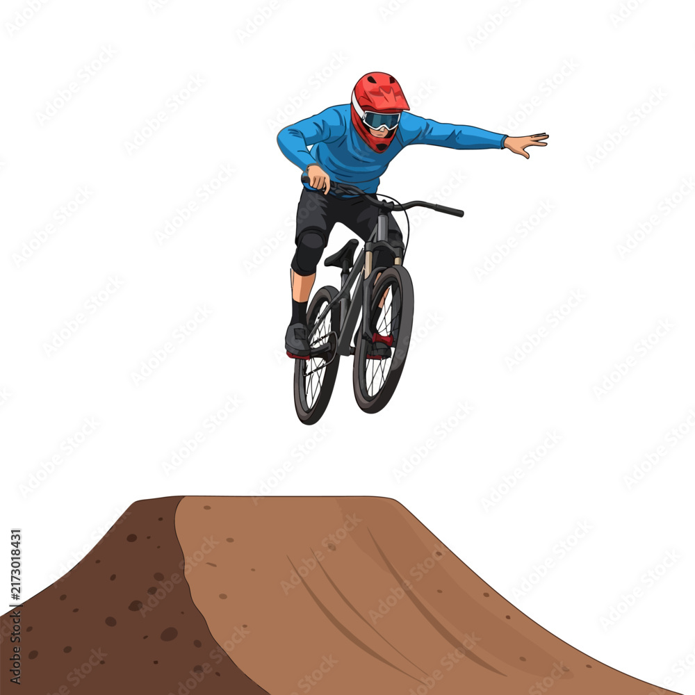 Fototapeta premium Male Dirt Jumper Bicycle Flying Over Soil Ramp