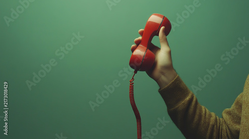 Person holding red vintage telephone receiver against green background with landline phone handset retro phone telephone cord communication