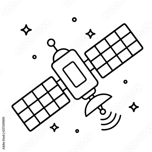 Communication satellite orbiting in space with stars outline icon