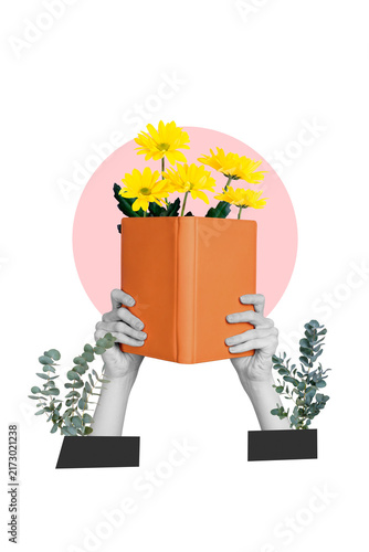 Konstfotografi Vertical photo collage of hands hold book encyclopedia chrysanthemum flower bloo