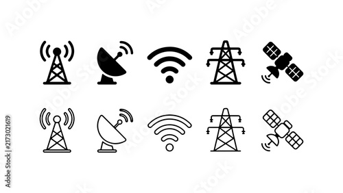 Telecommunication and Network Infrastructure Icon Set in Silhouette and Outline Style