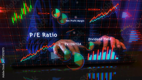 Stock market indices charts graphs display with man typing keyboard
