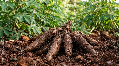 Freshly harvested brown cassava roots lying on the dark soil in an organic farm during the daytime