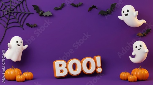 Cute ghosts and pumpkins with Boo text on purple Halloween background