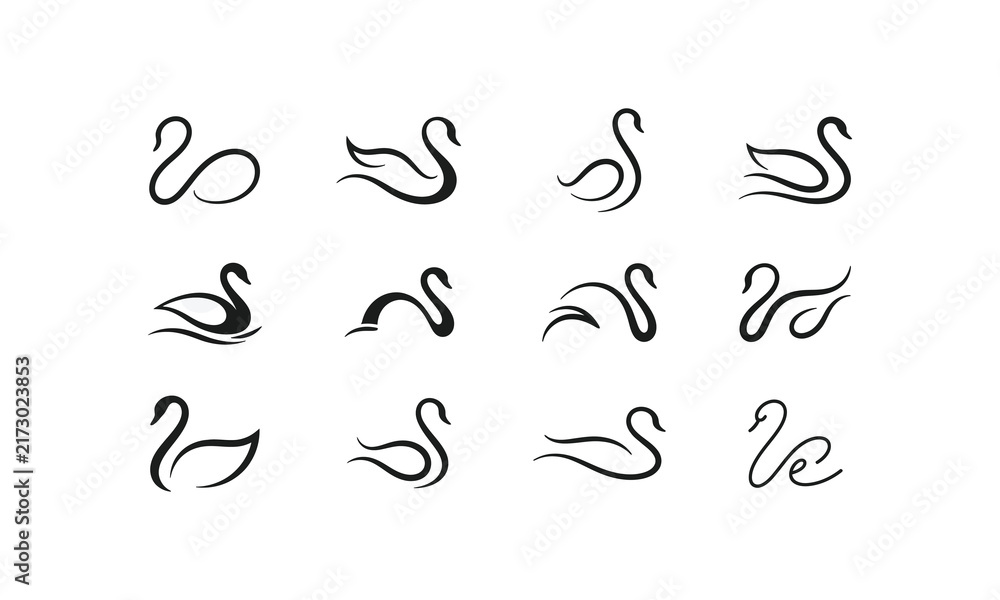 Fototapeta premium Minimalist swan logo design set with abstract hand drawn vector icons