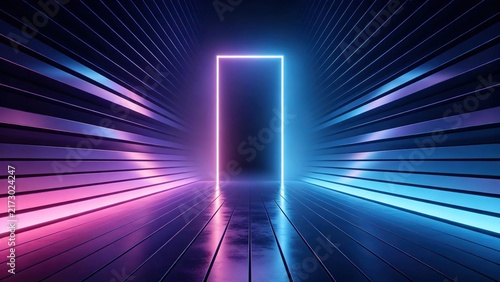 Empty rectangular glowing neon door frame in dark corridor with pink and blue gradient glowing lines, futuristic technology and new opportunity concept