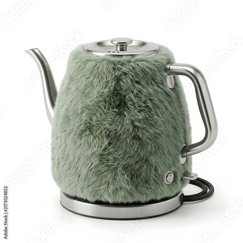 Fuzzy Sage Green Electric Kettle on White Background