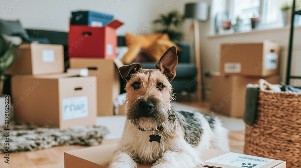 Naklejka premium Cute wire fox terrier dog resting on moving boxes in a new home, surrounded by packing supplies.