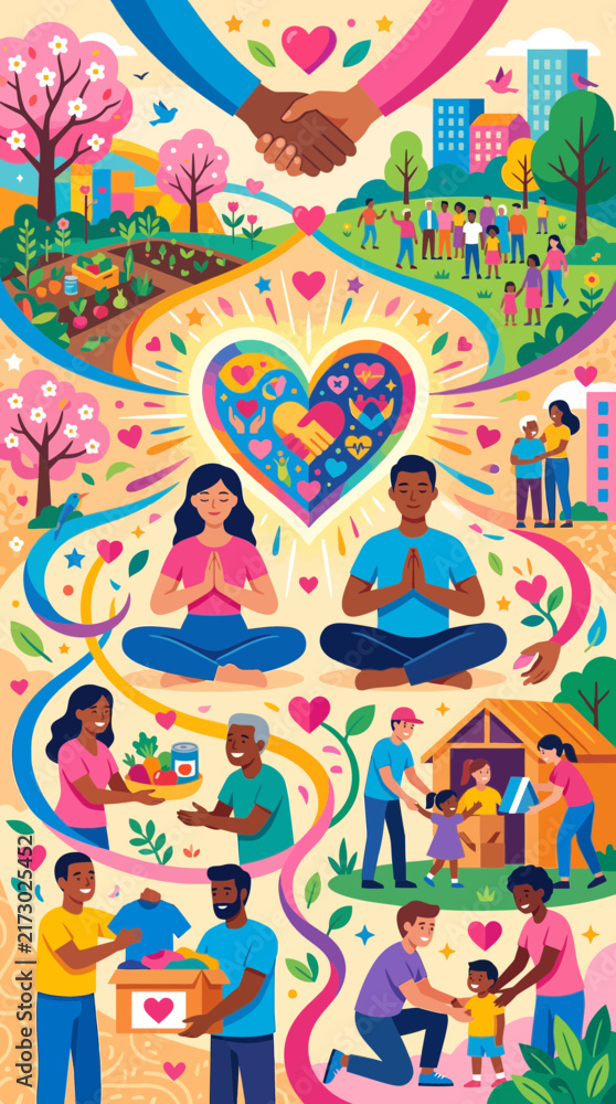 Fototapeta premium Diverse people volunteering and sharing kindness in colorful community illustration