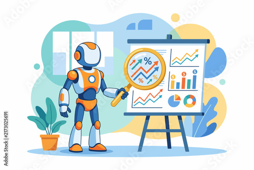 AI Robot Assistant Analyzing Financial Property Data with Magnifying Glass