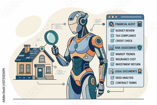 AI Robot Assistant Analyzing Real Estate Property and Financial Data
