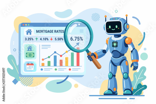 AI Robot Assistant Analyzing Real Estate Mortgage Rates with Magnifier