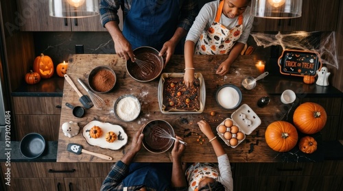 Halloween Baking Fun: A family gathers in a cozy kitchen to prepare festive Halloween treats, surrounded by pumpkins, ingredients, and baking utensils.