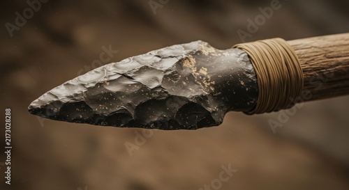 Ancient stone spearhead with wooden handle