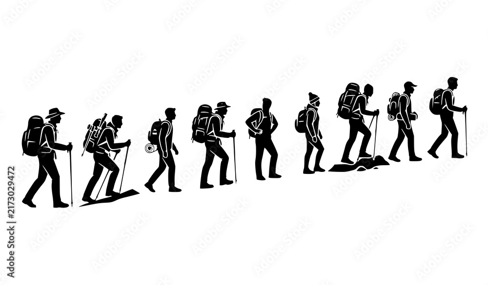Fototapeta premium Backpacker Hiking Group Black Vector Silhouettes, Trekking Adventure Icons