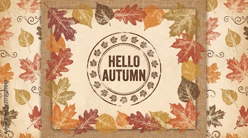 Autumn Leaves Pattern Card Circular Hello Autumn Text