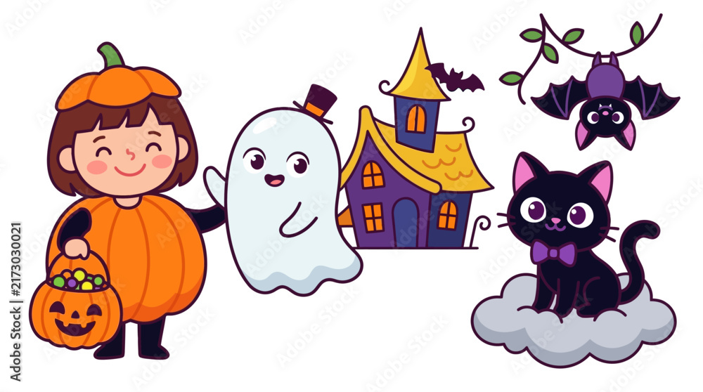 Fototapeta premium Cute Halloween Characters and Symbols Vector Illustration