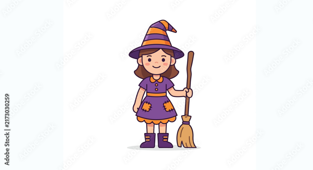 Fototapeta premium Cute Witch Girl with Broomstick, Halloween Illustration