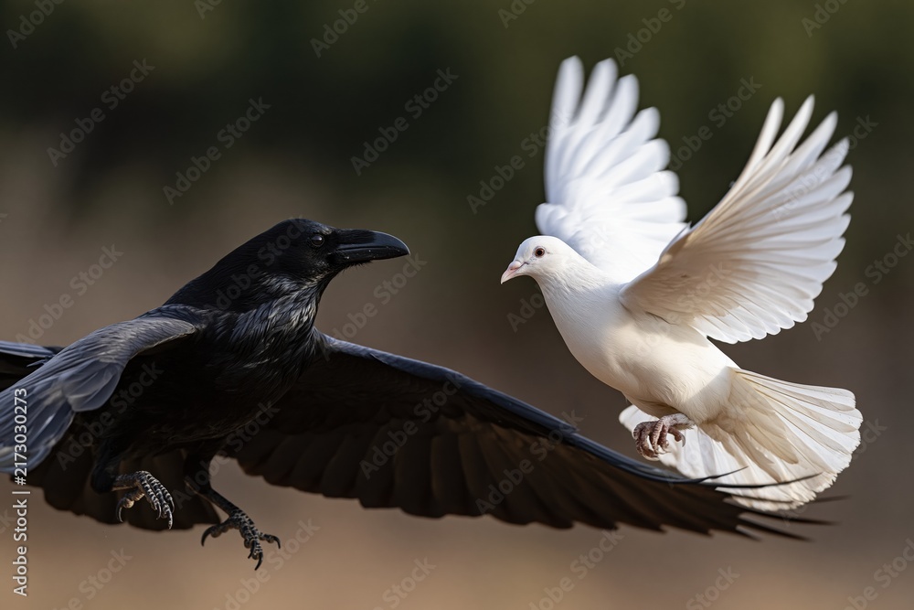 Naklejka premium Symbolic juxtaposition of a dark raven and a white dove in flight, representing contrast and duality