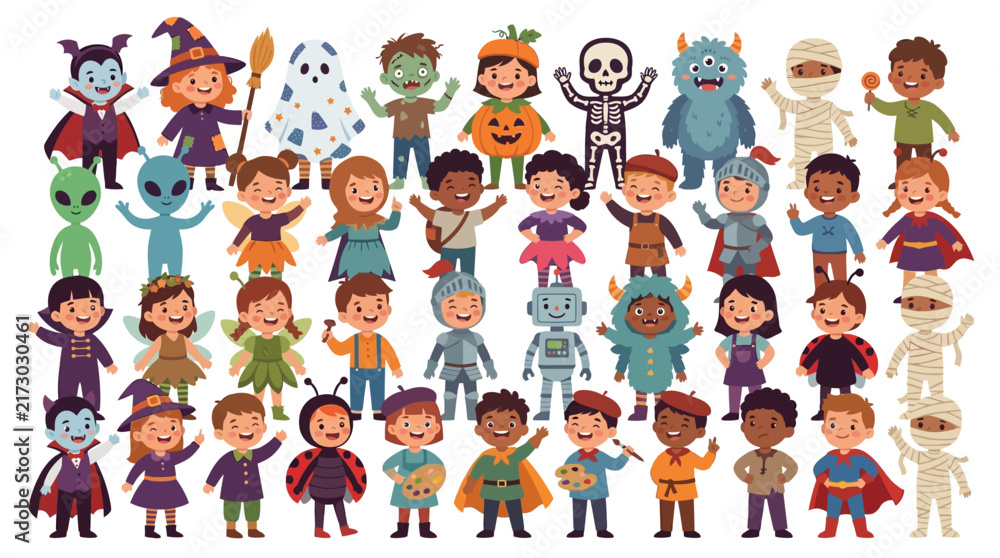 Fototapeta premium Diverse Children in Various Cute Halloween Costumes Collection