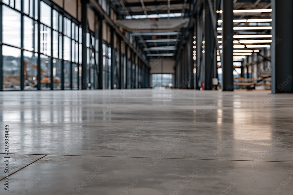 Naklejka premium Vast, Empty Industrial Warehouse Interior with Polished Concrete Floor and Large Windows