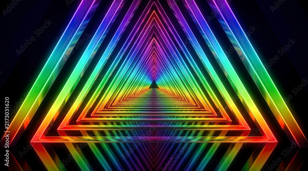 Fototapeta premium Abstract rainbow triangle tunnel with neon glowing light effects and perspective depth.
