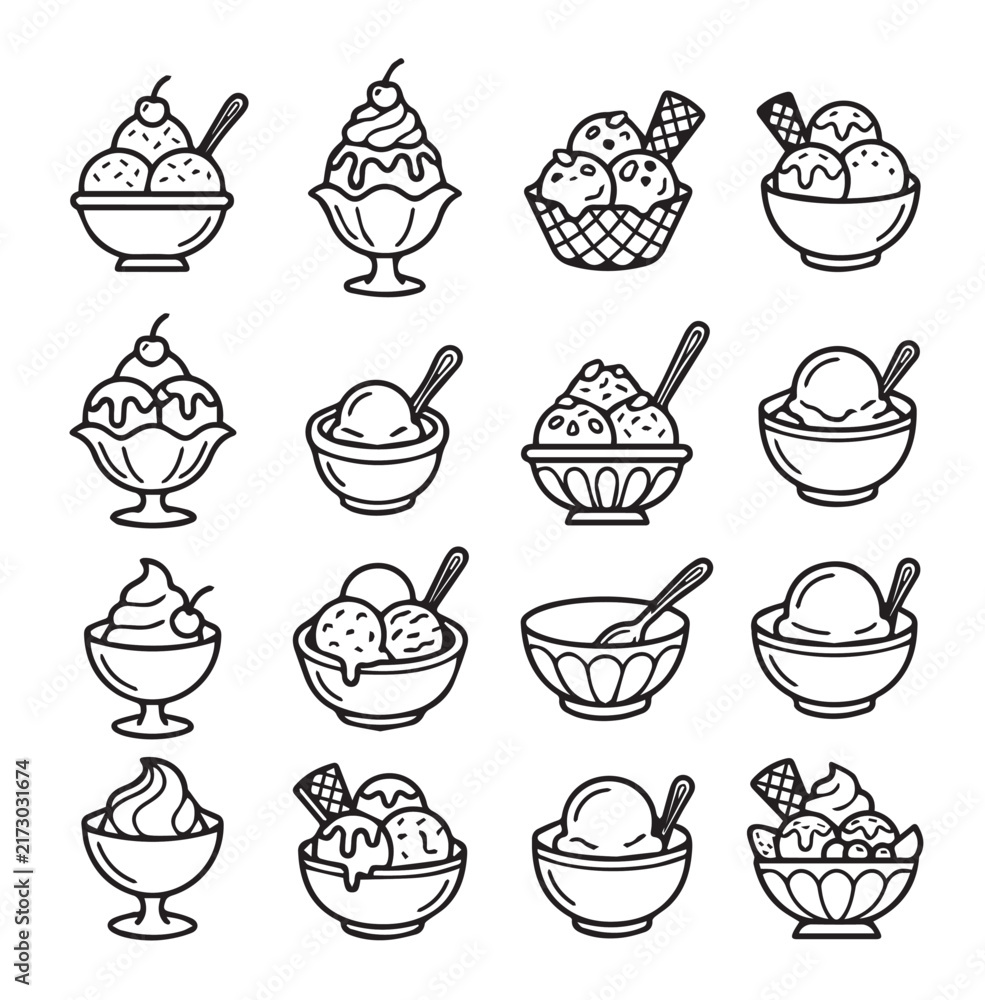 Fototapeta premium Collection of minimalist line art ice cream desserts in bowls and cups with cherries and wafers