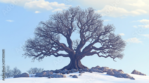 Large bare oak tree with sprawling branches on a snowy rocky hill against pale sky rocky ground winter landscape tree trunk winter season outdoors