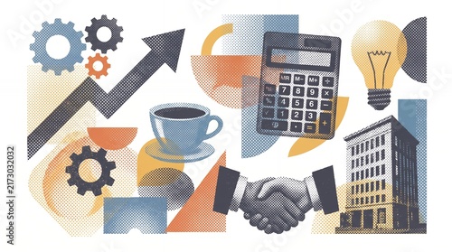 A trendy halftone collage of business elements. Hands typing on a keyboard, signing a contract, shaking hands. Technology, startups, ideas, and teamwork concepts. Modern retro illustration