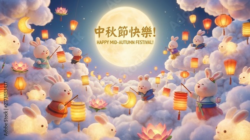 3D style festive background featuring cute rabbits and glowing lanterns among clouds for Mid Autumn Festival celebrations and greetings