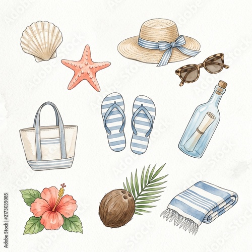 Watercolor Seaside Vacation Collection with Seashells, Beach Hat and Tropical Elements
