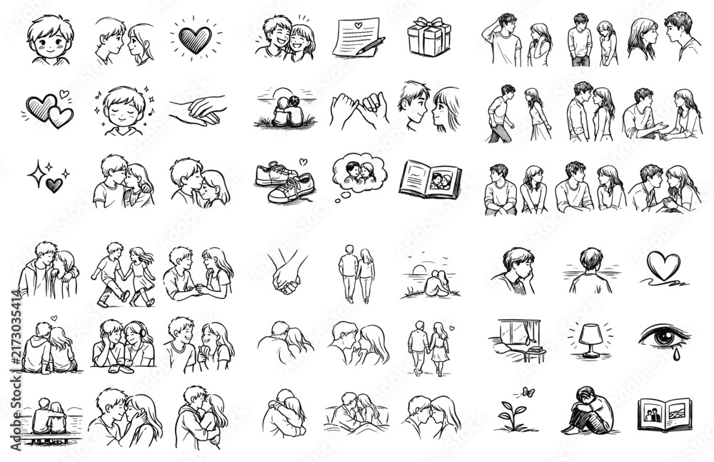 Fototapeta premium Love and relationship concept icons with couple, heart and gift for social media design in hand drawn style