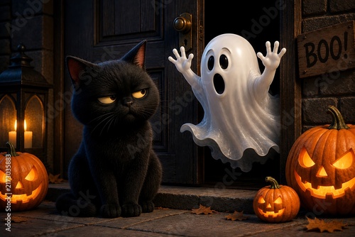 Cute Halloween Scene with Grumpy Black Cat Playful Ghost Popping Out of Door and Glowing Jack-O'-Lanterns