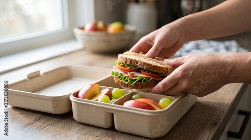 Hands packing a healthy sandwich and fresh fruits into a bento lunch box on a wooden table.