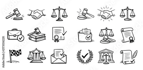 Justice and legal icon set with final decision resolution moment and lawful outcome for web design in hand-drawn sketch style