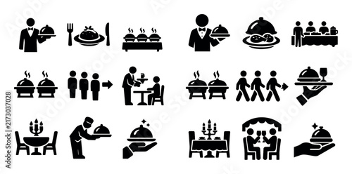 Catering and service icon set with serving staff plate dishes and guest flow for presentation design in solid glyph style