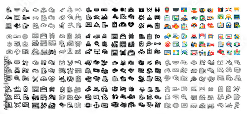 Automotive and diagnostics icon set with engine, speedometer and wrench for dashboard design in minimal outline style