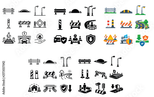 Road and traffic safety design icons with barrier, lamp post and shield for urban planning in flat illustration