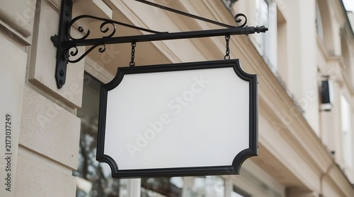 A blank hanging shop sign is mounted on an exterior wall in an outdoor setting. The sign features a decorative rectangular plaque with curved edges, and dark metal frame.