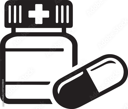 Medicine Bottle and Capsule Pill Vector Icon
