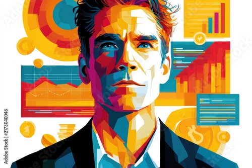 Financial analyst portrait with charts and coins