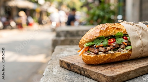 A delicious traditional Vietnamese banh mi sandwich served on a wooden board outdoors.