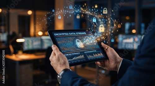 Businessman holding futuristic transparent tablet displaying glowing blue network data nodes in modern office at night, representing advanced AI technology, global connectivity