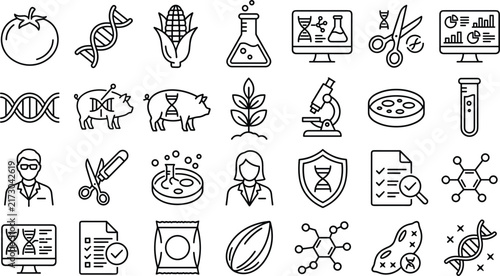 фотографія Genetically Modified Organism GMO Food and Biotechnology Line Icon Set Featuring